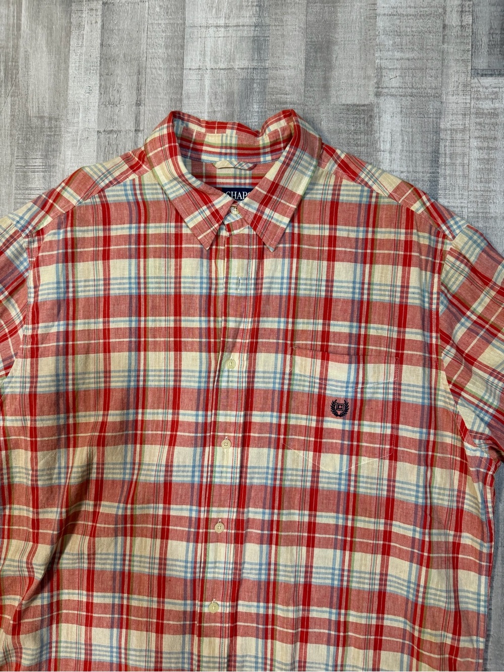 Chaps Men’s XL Plaid Linen Blend Short Sleeve Button Front Shirt Red Blue